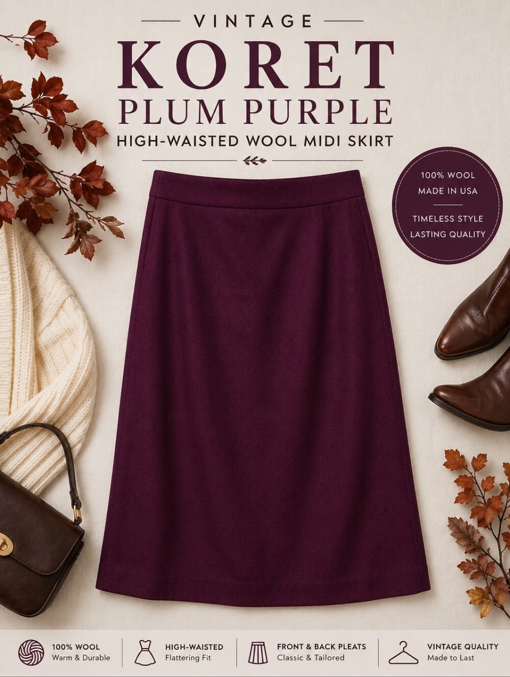 Vintage KORET | Plum Purple High-Waisted Wool Midi Skirt | USA Made | Size 6/8